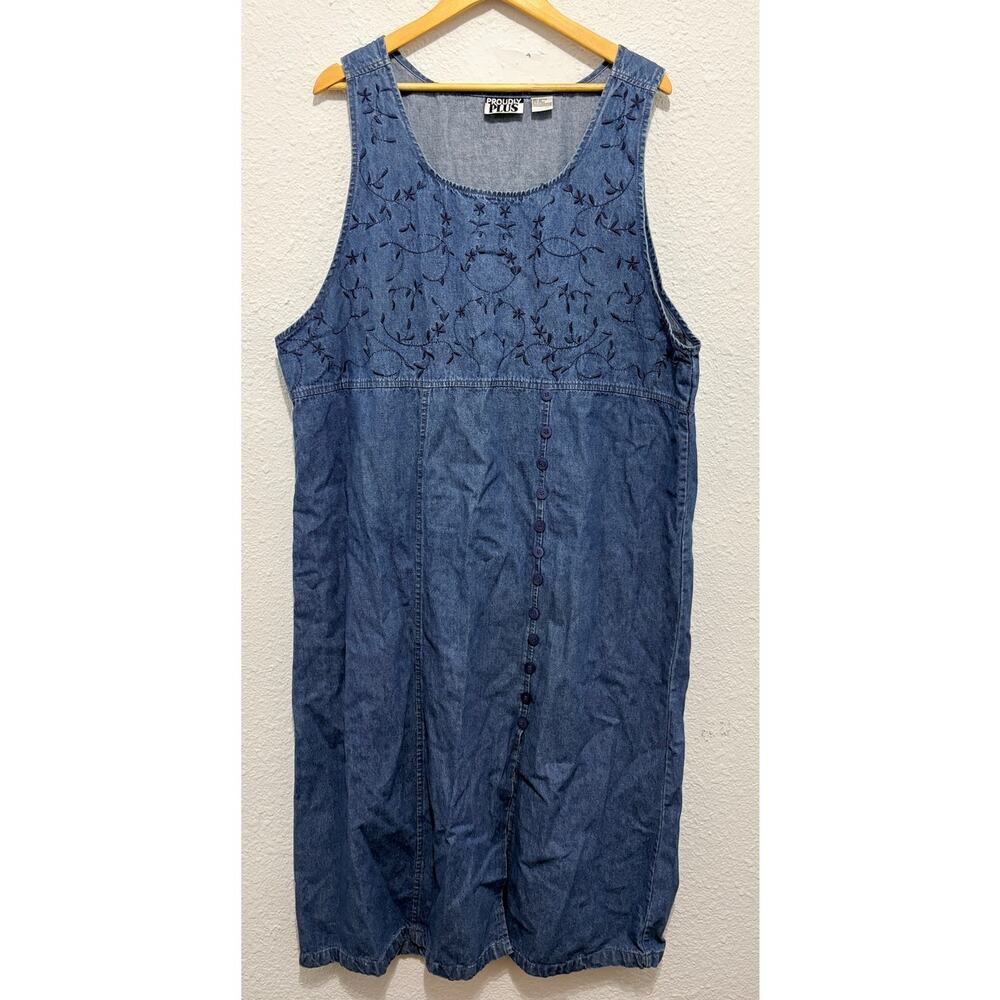 Vintage Denim Jumper Midi Dress Floral Embroidered 90s Boho Cottage Fairy Modest